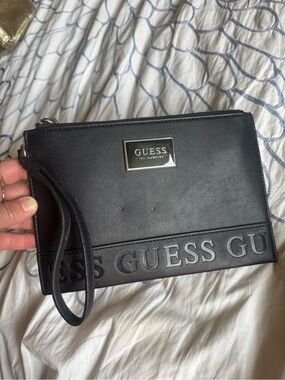 GUESS Black Leather Wristlet Clutch with Logo Plaque